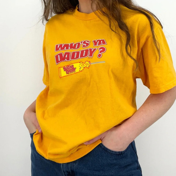 retro y2k "who's your daddy" sugar daddy crewneck graphic tee t-shirt yellow M - Picture 1 of 7